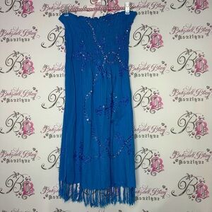 Dress Hawaii sequin sparkle embroidered blue tassel bottom tube strapless beach